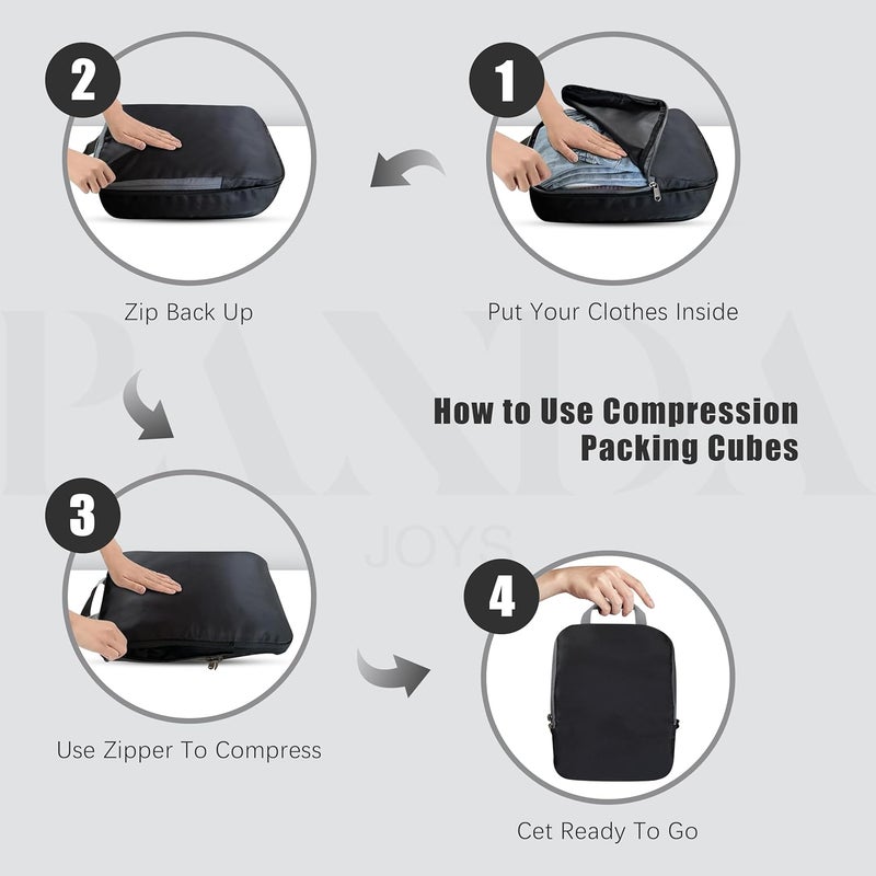 PANDA JOYS 4 Set Compression Packing Cubes Travel - Travel Accessories Expandable Packing Organizers for Carry On - Essentials Luggage Bags - Black - Image 2